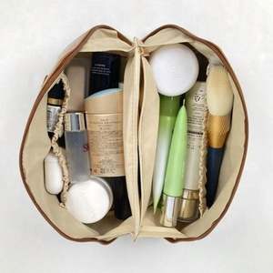 Recycle Brown Pu Leather <b>Cosmetic</b> <b>Bag</b> <b>Travel</b> Organizer Toiletry for Women <b>Large</b> <b>Capacity</b> Open Flat Makeup <b>Bags</b> - Product Image 4