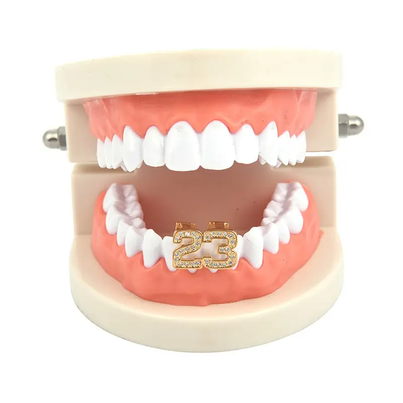 Dropshipping Factory placcato oro personalizzato Hip Hop numero 23 griglie per denti dorati Vvs Moissanite Grillz Custom