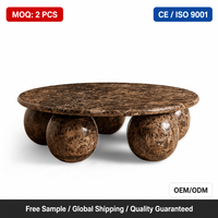 Table basse ronde de luxe sur mesure en marbre Emperador marron avec pieds sphériques, dessin CAO verni, VIP.