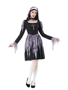 Disfraz de Monja Sexy para Adultos, Diseño con Cruz, Impresión en Poliéster, Color Morado y Negro, para Halloween, Carnaval y Actuaciones - Product Image 1