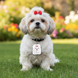Medaglietta identificativa per cani Shih Tzu in smalto bianco con fiocco rosso per cani di piccola taglia - Product Image 3