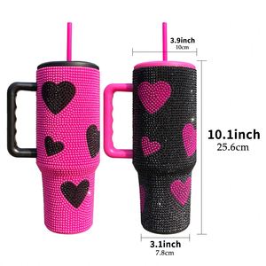 Cadeau de la Saint-Valentin RTS, gobelet isotherme de 40 oz rose chaud avec cœur noir brillant, paillettes, strass, gobelet de voyage, bouteille d'eau pour le sport en plein air - Product Image 5
