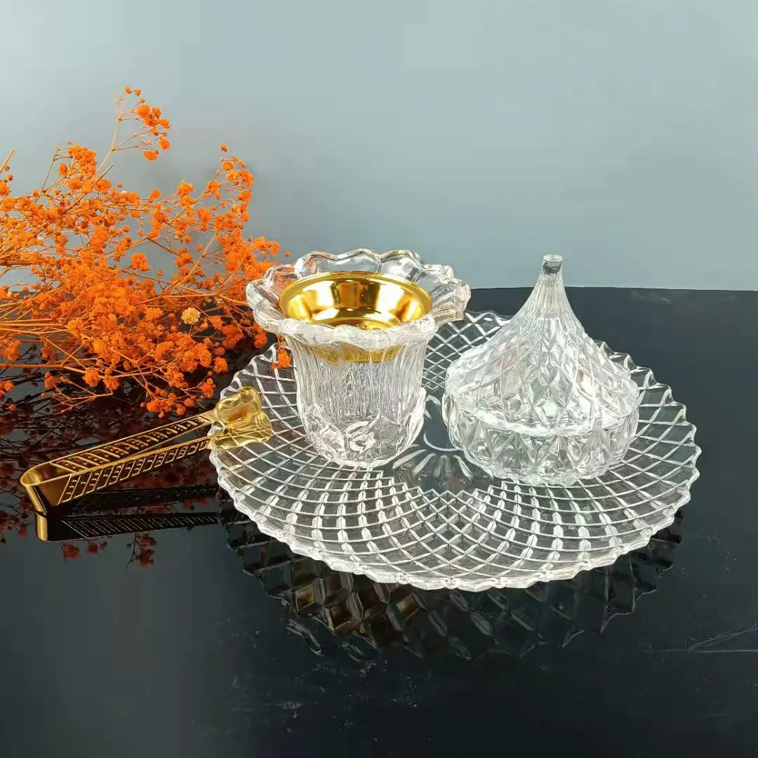 Bruciatore Bakhoor grande bruciatore di incenso in cristallo Set decorazione musulmana supporto per cono di incenso aromatico arabo