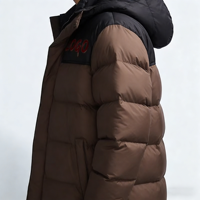 Manteau long d'hiver pour homme, chaud, avec capuche, imperméable, fermeture éclair, logo tricoté, impression personnalisée, poches, conception OEM ODM, marque propre