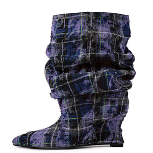 Bottines à talons compensés pointus en tissu pour femme, avec empeigne plissée à carreaux mélangés, talon haut, grande taille 45 - Product Image 3