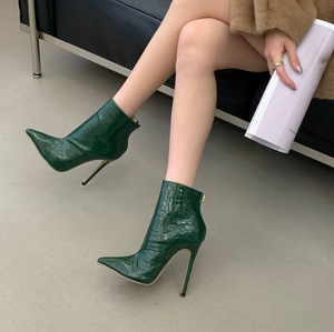 Green Ankle Booties Zipper Sexy Pointy Toe Stiletto Thin Heel Stone Pattern Women Dress <b>Shoes</b> Boots - Product Image 3