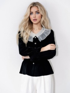 <span class=keywords><strong>Top</strong></span> Casual lavorato a maglia da donna con Design a balze in pizzo Chiffon con colletto arricciato e bottone frontale nuovo Design all'ingrosso - Product Image 3