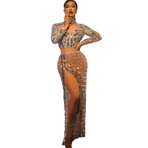 Gaun Panjang Wanita Payet Perak Kotak-kotak Tembus Pandang Gemerlap Set Rok Panjang Belahan Tinggi Atasan Gaun Pesta Dansa Kostum Gaun Malam Wanita Seksi