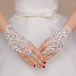 White Ivory Red Short Wedding <strong>Gloves</strong> Wrist Length <strong>Fingerless</strong> Lace Appliques Sequins Bridal <strong>Gloves</strong> - Product Image 3