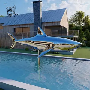 تمثال سمكة معدني كبير لتزيين حمام السباحة في الهواء الطلق من BLVE تمثال سمكة قرش من الفولاذ المقاوم للصدأ مصقول بمرآة
