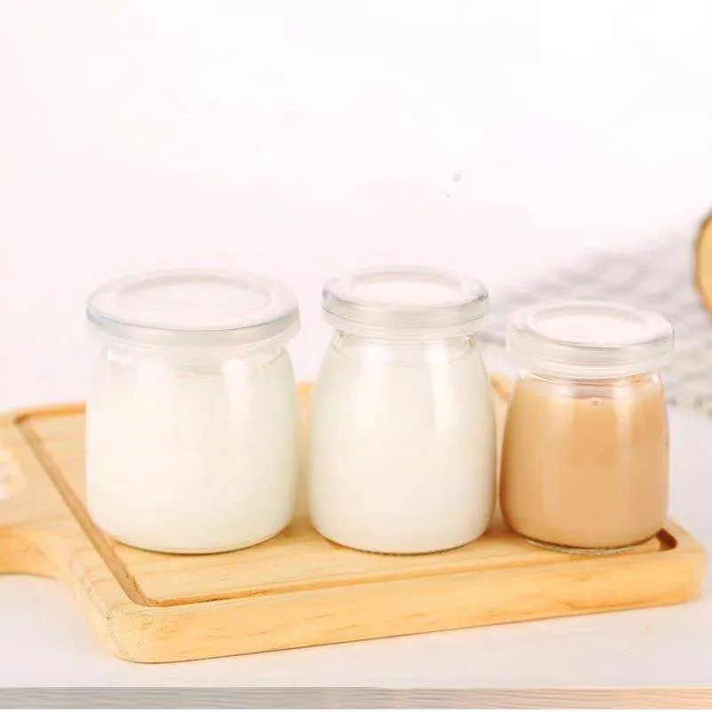 Yoghur frascos de vidro com tampa, frascos de vidro de desenho animado para leite de yogur com tampa