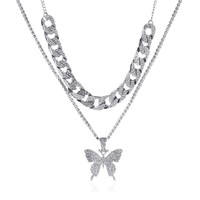 Collier Double couche Cuba plein de diamants grand collier papillon personnalisé chaîne de cavalier exagérée pour femme