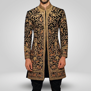 ELEGANT Colorful EMBROIDERY on GROOM BLACK SHERWANI & <b>PANT</b> WITH EMBELLISHED CRYSTAL GLASS BEADS,DABKA WORK for WEDDING=2024 - Product Image 3