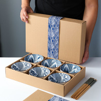 Ensemble de bols en céramique de style japonais, peints à la main, en porcelaine bleue et blanche, boîte cadeau, passe au micro-ondes, vaisselle personnalisable pour