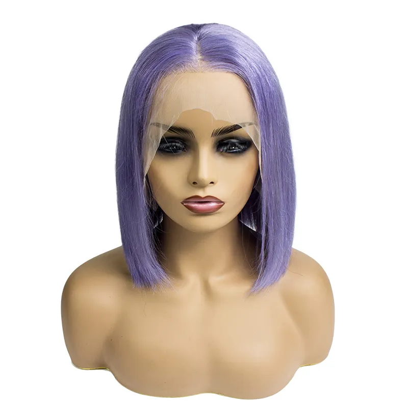 Cheap Mink Brazilian Virgin Purple Short Colored Bob lace front Full human hair Wigs For Black Women bone straight