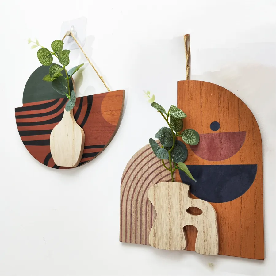 Houten Aan De Muur Gemonteerde Vaas Met Gesimuleerde Plantenlijnelementen, Abstract En Minimalistisch Interieur