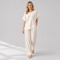 Ensemble deux pièces en viscose slub beige pour femme, haut à manches courtes et pantalon large, vente en gros, marque privée, usine OEM ODM