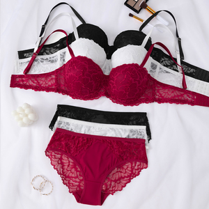 Ensemble soutien-gorge et culotte New Life Theme, dentelle florale, soutien-gorge à armatures push-up mi-hauteur et culotte pour femmes - Product Image 3