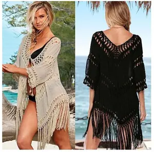 Hand Haak Spliced Kwastje Effen Kleur Geweven Uitgeholde Zon Bescherming Bikini Zomer Womens Top Blouse