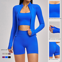 Ensemble de yoga 3 pièces sans couture pour femme : veste courte à manches longues, soutien-gorge de sport et short cycliste taille haute – Tenue de sport pour la gym et l'entraînement