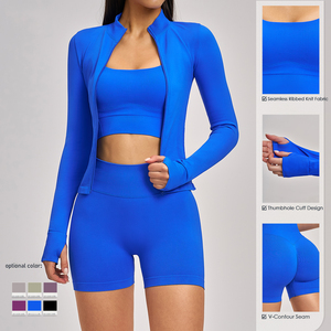 Ensemble de yoga 3 pièces sans couture <span class=keywords><strong>pour</strong></span> <span class=keywords><strong>femme</strong></span> : veste courte à manches longues, soutien-gorge de sport et short cycliste taille haute – Tenue de sport <span class=keywords><strong>pour</strong></span> la gym et l'entraînement - Product Image 4
