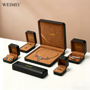 WEIMEI Custom Logo Wholesale Luxury Black PU Leather Tan Interior Square Ring <b>Earring</b> Necklace Bracelet Jewelry Packaging <b>Box</b> - Product Image 2