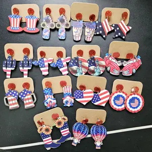 YICAI Wholesale Wooden American Flag Western Cowboy Boots Cowhead Earring Lightweight USA Independence Day Earrings