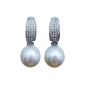 Pendientes de Perlas Akoya, Chapados en Oro Blanco, Plata 925, Engaste Pavé, Perla Cultivada Redonda, Grado AAA, Joyería de Boda para Mujer - Product Image 1
