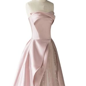 Satin Strapless Mermaid Evening Dress Natural Waist Asymmetric Design Pink Color X046 - Product Image 5
