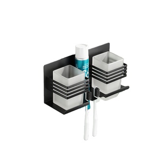 <b>Wall</b>-Mounted Double <b>Toothbrush</b> Cup <b>Holder</b> Matte Black Minimalist Bathroom Organizer Space-Saving Design - Product Image 1