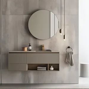 2024 New Custom Wall-Mounted Modern Gray Bathroom Cabinet Set PVC + Wood for Home and Hotel Use