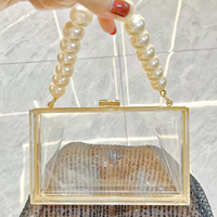 Tas Clutch Wanita Akrilik Bening Persegi Berkilauan Elegan Klasik 2026 dengan Pegangan Mutiara dan Tali Rantai Selempang untuk Pesta