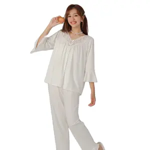 Loose Comfortable Knitted Seven Quarter Sleeve Trousers Women's Pajamas Set Wear French Court Style Retro Woven Women&#39;s Home