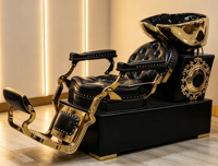 Chaise de lavage de cheveux inclinable de luxe rétro noir et or, très vendue, pour salon de coiffure, avec bac en céramique