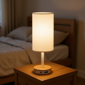 Lampe de table minimaliste avec lumière LED à intensité variable, abat-jour en tissu crème, base E26 pour chambre à coucher, charge USB, prise secteur 3 ports - Product Image 2