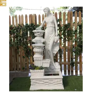庭の装飾のためのヌード女性像ポットと石の噴水