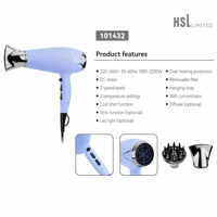 Sèche-cheveux ionique 1800-2200W, moteur DC, 2 vitesses, 3 températures, fonction air froid, concentrateur, diffuseur, lumière LED, OEM ODM