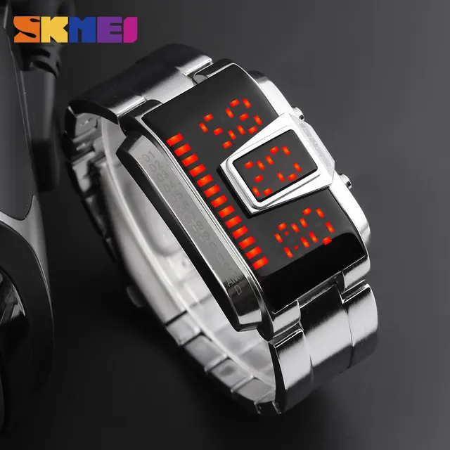 SKMEI 1179 luxury silver male clock cool Stainless steel band rectangle digital display special Casual reloj watch