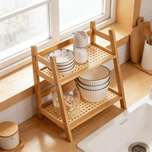 Étagère de rangement de cuisine à 2 niveaux en <span class=keywords><strong>bambou</strong></span> naturel Addreen, organisateur de comptoir multi-niveaux avec étagère en <span class=keywords><strong>rotin</strong></span> tressé - Product Image 1