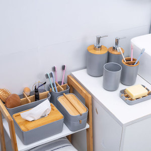 Ensemble de rideau de douche en fibre de bambou <span class=keywords><strong>pour</strong></span> salle de bain, 6 pièces, porte-savon en plastique, poubelle, shampoing, bouteille, accessoires de salle de bain - Product Image 6