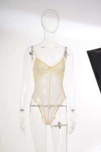 Women's Yellow <b>Spaghetti</b> <b>Strap</b> Lace Bodysuit with Hot Rhinestones Sexy Sheer Mesh V-Neck Bodysuit for Daily Nightclub - Product Image 6