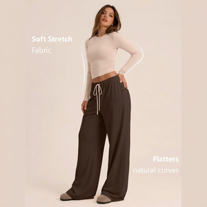 Conjunto de Pantalones Largos de Punto de Color Sólido para Mujer, Top Corto Beige de Manga Larga y Pantalones Anchos Marrones de Corte Holgado - Product Image 3