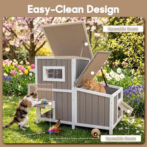 Outdoor House for 2-3 <b>Small</b> Cats 2-Story Weatherproof Fir Wood PVC Feeding Station Openable Roof 3 Rooms - Product Image 4