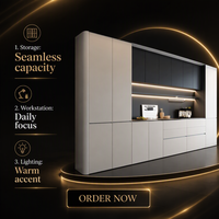 Système d'armoires de rangement murales sur mesure, style minimaliste moderne, avec éclairage LED intégré pour salon