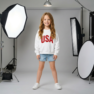 Sweat-shirt à col rond pour enfants avec imprimé lettres USA, 320 GSM, en molleton de coton épais, pull à manches longues pour garçons et filles, logo personnalisé OEM - Product Image 1