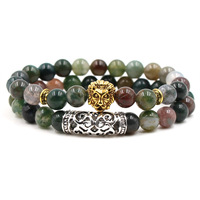 Ensemble de 2 bracelets unisexes en pierre d'agate indienne de 8 mm, tête de Bouddha, tête de crâne, casque de guerrier spartiate, couronne en fer