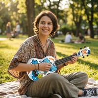Urban Street Art Style Cool Skateboard Pattern Acoustic Guitar Graffiti Print Non-Electric Wood 4 String Hole Ukulele for Teens