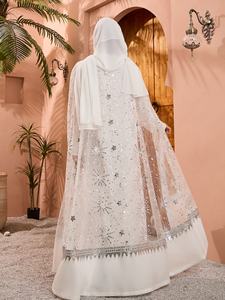 Muslim Luxury Lace Abaya 2ピースセット白エレガントスパンコールJalaibya Abayaドレス伝統的なイスラム教徒の服イブニングドレス - Product Image 6