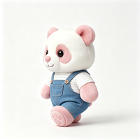 Peluche Panda Blanc Adorable avec Oreilles Roses, Jolie Poupée Panda Rembourrée Portant une Chemise et un Salopette en Jean Bleu, Peluche Panda Douce