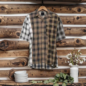 Custom Men's High Quality Short Sleeve Acid Wash <strong>Flannel</strong> Check Plaid Shirts <strong>Patchwork</strong> Color Block Design - Product Image 2
